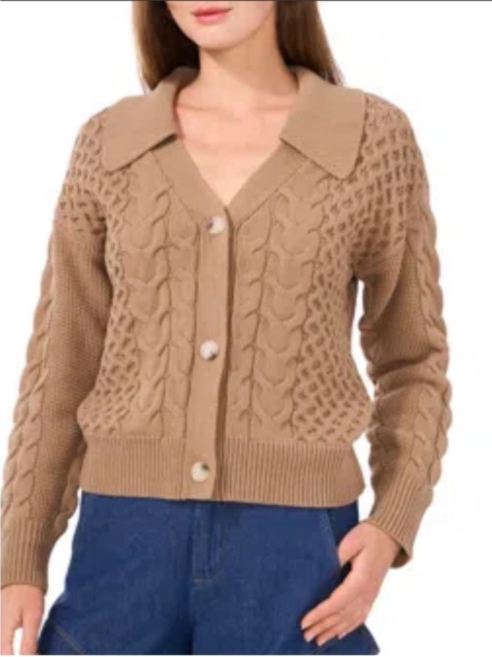 Parker Cable Knit Johnny Collar Cardigan sweater Taupe tan